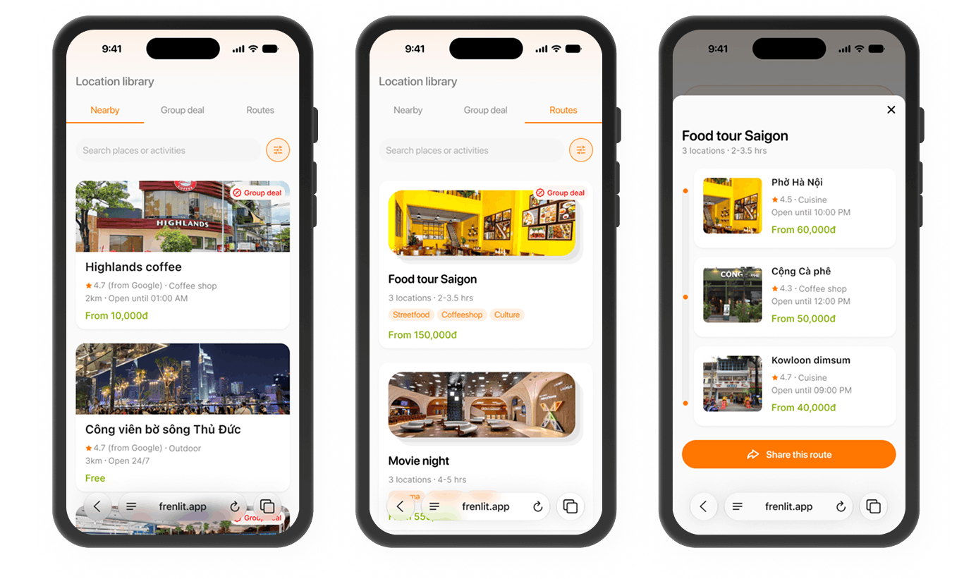 Location library: nearby, group deals, and routes tabs